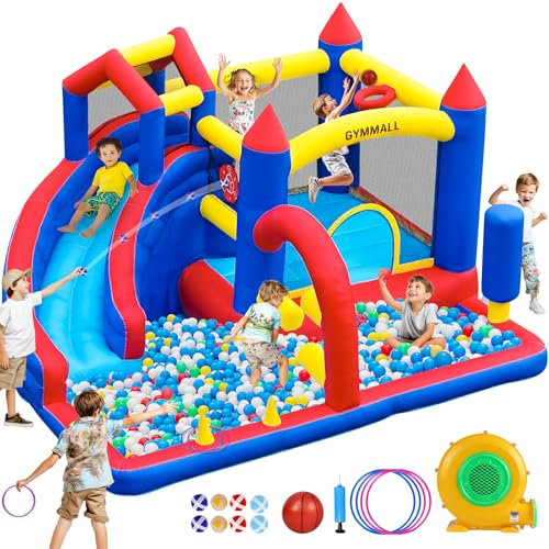 GYMMALL Castello Gonfiabile per Bambini con Scivolo, trampolino, parete da arrampicata, sacco da box, tiro a segno e vasca per palline per interno ed esterno, 366x310x210 CM