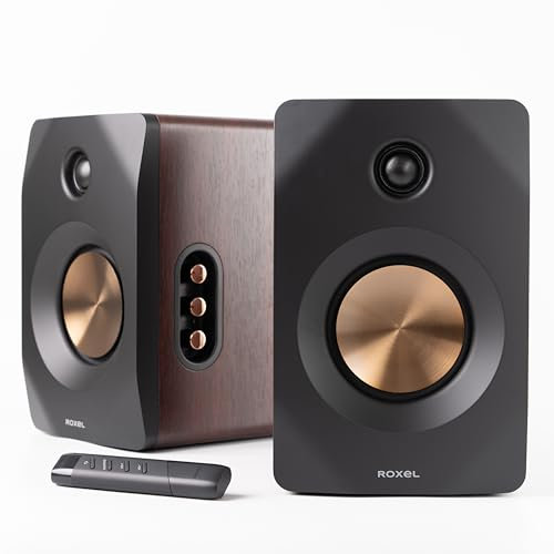 Roxel Nova Active Bookshelf Speakers, 100-Watt RMS Power, Wireless BT 5.4 Streaming, HDMI ARC,Optical Input, 3-Metre Speaker Cable, Dynamic Sound for Movies, Music, Office, Home Theatre (Walnut)