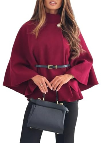 LIUYUYOUGO Dam elegant poncho-ullblandning kort kappa mode stående krage sjalar kappa 3/4 fladdermusärm vinter ull pektoat jacka trench ytterkläder med bälte
