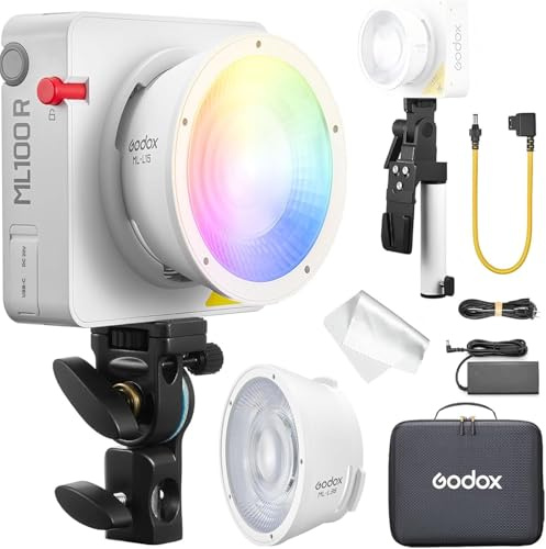 Godox ML100R Kit1 RGB LED-videolampa i fullfärg med utbytbar 15° & 36° linsreflektor, V-Mount-batterihandtag, 1800–1000 K CCT, 14 filmiska FX-effekter och appkontroll