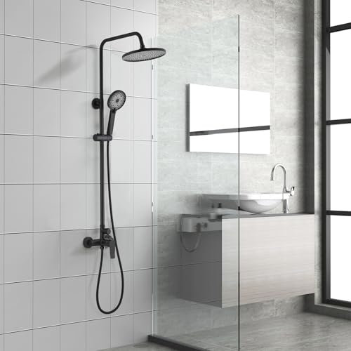 STANEW - Columna de Ducha Oara Cuarto de Baño, Conjunto de Ducha Mecánico con Cabezal de Ducha Redondo y puño de ABS con 3 Chorros (Negro)