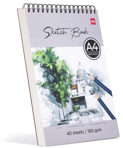deli A4 Sketchbook, Spiral Bound Sketch Pad with 160GSM Paper, Drawing Pad for Beginners & Art Students, Plain Paper Pad for Sketching, 40 Sheets / 80 Pages (Portrait)