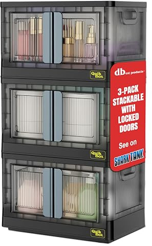 Quik Box - 8.5 Gallon 3-Pack Stackable Storage Bins with Doors & Wheels - Collapsible Organizer for Dorms, Bedroom & Home - Durable Polystyrene - Black