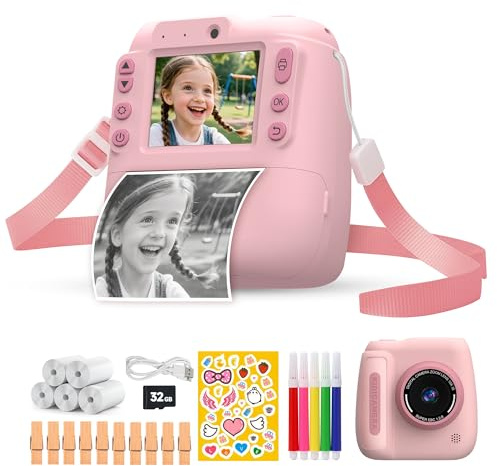 Cámara Instantánea Infantil para Niños ROSAT (3-12 años) – Imprime Fotos al Instante sin Tinta – Pack con Tarjeta SD 32GB, 5 Rollos y Accesorios – Cámara Educativa Creativa sin Juegos, Caja Premium