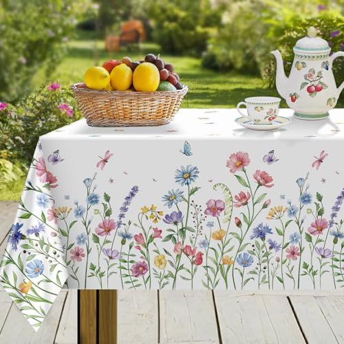 hometrixx Primavera Mantel Rectangular Antimanchas Flores Silvestres Hojas Mariposas Manteles Lavable Poliéster Impermeable Cubre Mesas Hule para Comedor Cocina Cumpleaños Festivosr, 152x264 cm
