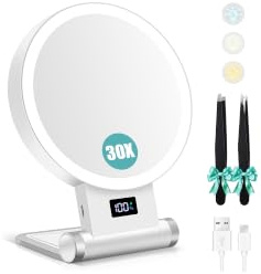 B Beauty Planet Magnifying Mirror with Light 30X, Double-Sided 1X/ 30X Magnifying Makeup Mirror with Tweezer,2000mAh 3 Color Modes with Adjustable Brightness, Foldable Travel mirror(Cloudwhite)