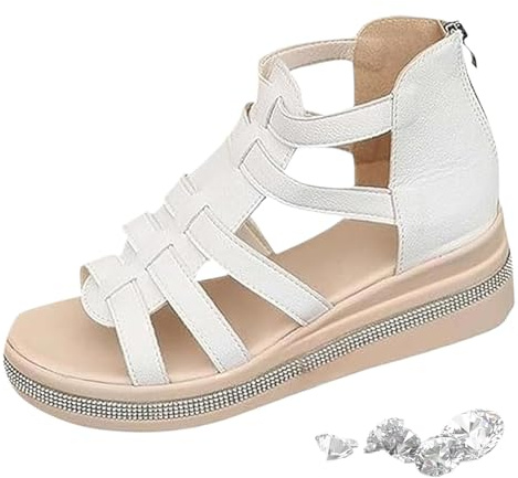 Strass dekor kil sandaler för kvinnor, bekväma gladiatorsandaler med öppen tå som andas klänning ihålig strand promenad sandal med dragkedja bak