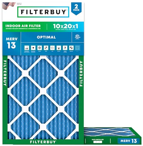 Filterbuy 10x20x1 Air Filter MERV 13 Optimal Smoke & Allergy Defense (2-Pack), Electrostatic Pleated HVAC AC Furnace Filters Replacement, Made in USA (Actual Size: 9.50 x 19.50 x 0.75)