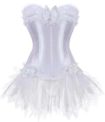 Grebrafan Women Lace Trim Corset Bustier with Mini Tutu Skirt (UK(10-12) L, White)