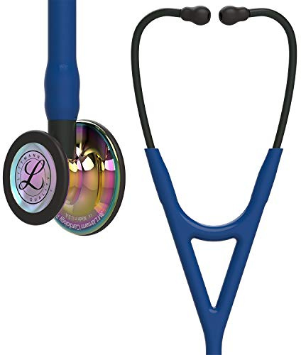 3M Littmann Cardiology IV Stethoskop für die Diagnose, 6242, hochglänzendes, regenbogenfarbenes Bruststück, marineblauer Schlauch, Schlauchanschluss und Ohrbügel in Schwarz, 69 cm