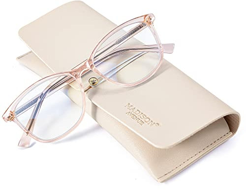 Madison Avenue Square Vintage TR90 Blue Light Blocking Reading Glasses for Women with Case, Anti Glare/Eyestrain Computer Readers Transparent Brown 2.5