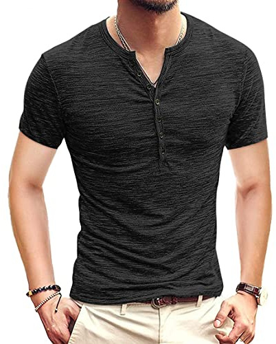 KUYIGO Uomo Moda Slim Fit Basic Henley Manica Corta Maglietta Casual S Nero Puro