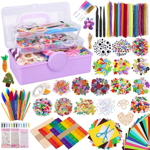 TAVADA Bastelset Kinder 3000+Pcs,DIY Basteln Bastelkoffer,Bastelmaterial Bastelzubehör,Bastelbedarf Material Set Scrapbooking Pompons,Wackelaugen,Pailletten für Geburtstag,Weihnachten