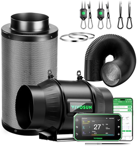 VIVOSUN T6 Smart Air Filtration Kit 150mm for Grow Tent & Hydroponics | 6 Inch Inline Fan 693 M³/H,E42A App Controller With Temperature Humidity Sensor,Carbon Filter & Air Ducting For Ventilation