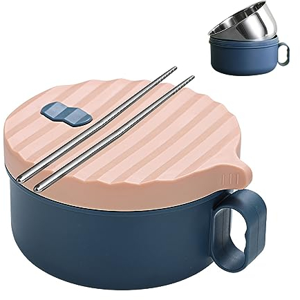 Ramen Schüssel, Edelstahl Ramen Bowl mit Essstäbchen, 1200ML Japanische Suppenschüssel, Ramenschüssel mit Deckel, Schüssel Instant, Japanisches Geschirr (Blau+Rosa)