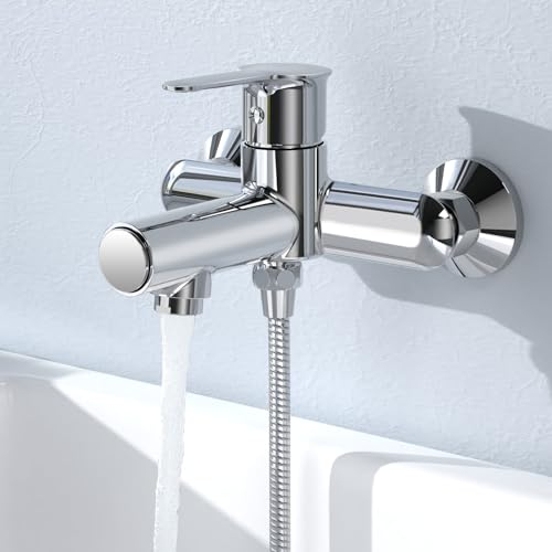 KULACO Badewannenarmatur, Wasserhahn Badewanne Wannenarmatur mit Druckschalter, Messing Armatur Badewanne zur Wandmontage, Einhand Duscharmatur Chrom Mischbatterie Dusche für Badezimmer