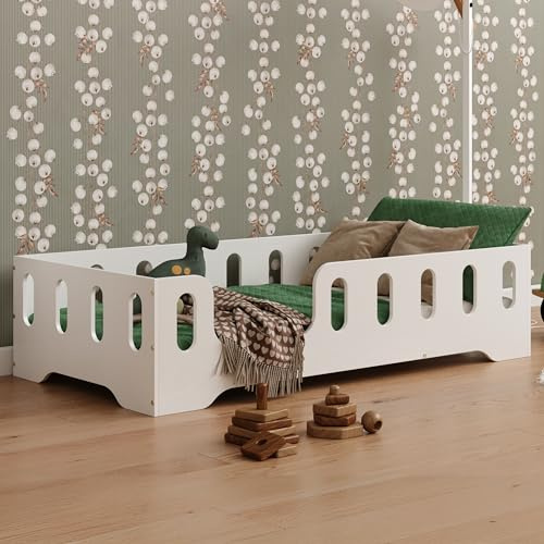 smartwood Golvsäng 100x190 cm med Fallskydd, av Furuträ, Vit, TILA 2L | Montessori säng för barn, ribbotten upp till 230 kg, FSC-certifierad, rundade kanter, enkel montering, från 3 år
