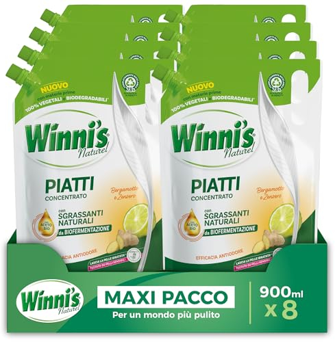 Winni's - Detersivo Piatti e Stoviglie a Mano, Bergamotto e Zenzero, Concentrato, Ipoallergenico, con Sgrassanti Naturali da Biofermentazione, Materie Prime di Origine Vegetale, 900 ml x 8 Confezioni