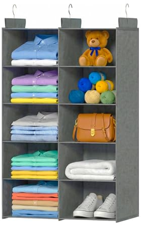 ALLTIDYUP 5-Tier Dual-Row Hanging Wardrobe Organizer – Large Capacity Foldable Closet Storage Shelves to Keep Clothes, Shoes, Bags Neatly Organized in Bedroom, Dorm, or Small Spaces (Gray)