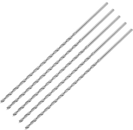ENT 50444 Mèches hélicoïdales à bois Ø 4 mm en paquet de 5, extra-longues 200 mm, avec pointe de centrage et prétailleur, D 4 x NL 135 x GL 200 mm, queue cylindrique, Acier à haute vitesse