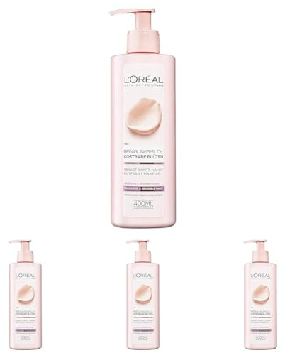 L'Oréal Paris Gesichtsreinigung, Reinigungsmilch zur Entfernung von Make-up, Mit Rosen-und Jasminextrakt, Auch für sensible Haut geeignet, Kostbare Blüten, 1 x 400 ml (Packung mit 4)