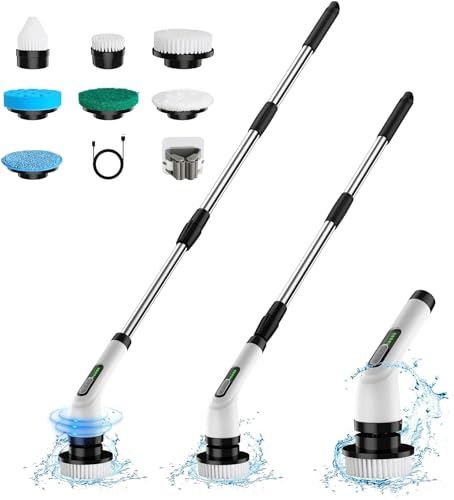 Tuocal Electric Spin Scrubber, Cordless Cleaning Brush with 8 Replaceable Brush Heads and Adjustable Extension Handle, Power Cleaning Brush for Cleaning Bathroom Bathtub Kitchen Tile Floor