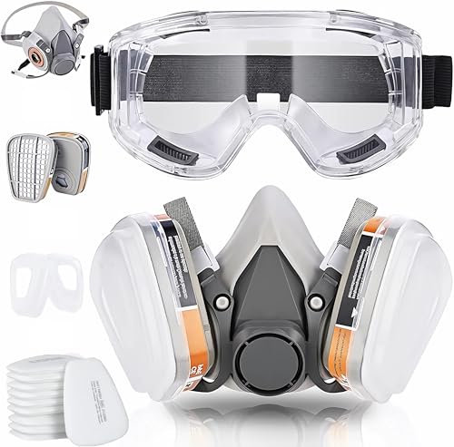 28 in 1 Halb Gesicht Staubmaske Set Filter für Dämpfe, Sand, Asbest, Gas, Säure und Ammoniak mit Schutzbrille, Partikelschutzfiltern Lackierer Masken und mehr mit 20 Filtrierbare Wattepads 2 Patronen