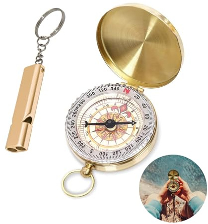 TIEGUANJIA 2Pcs Vintage Pocket Compass with Distress Whistle, Waterproof Military Compass with Luminous Function for Camping, Survival, Boating, Hiking