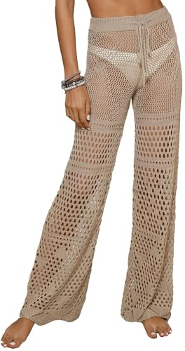 FEOYA Pantalon Dentelle Femme Pantalons Transparent Crochet Sexy Legging Plage pour Bikini Maillot de Bain Taille Haute Beige L