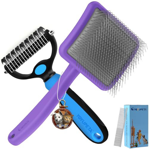 YOYUPETA Large Long Pin Slicker Brush Set – 3PC Grooming Kit for Goldendoodle, Long-Haired Poodles & Other Long-Haired Dogs & Cats with Undercoat Rake & Stainless Comb, Wooden Handle, Purple