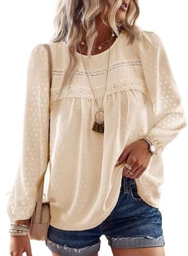TUUHAW Ropa de Mujer Boho Manga Larga Camiseta Otoño con Cuello Redondo Encaje Informal Túnica Suelto Punto Suizo Casual Blusa Estilo Retro Bordado Invierno Color Sólido T-Shirts Albaricoque M