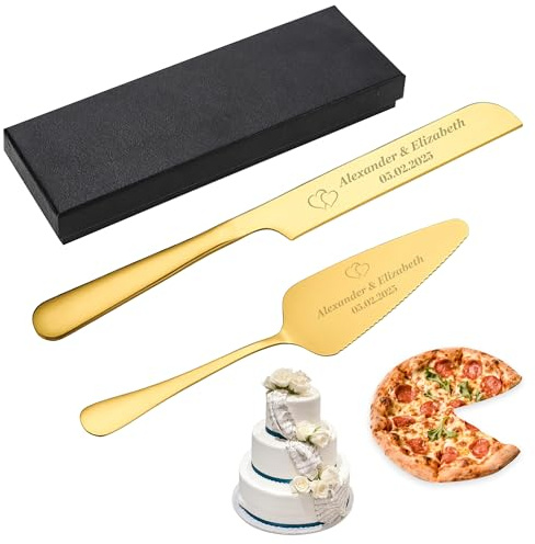 PSUNEY Cuchillo para Pastel de Boda de Acero Inoxidable Grabado y Set de Utensilios para Servir, Múltiples Opciones de Color para Regalos de Boda, Aniversarios, Fiestas de Cumpleaños (Oro)