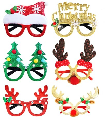 LMSHOWOWO 6 Pieces Christmas Glasses, Glitter Party Glasses Frame, Xmas Novelty Eyeglasses, Fancy Dress Costume Decoration, for Christmas Parties New Year Favors Photo Booth