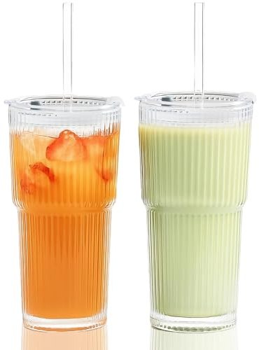 AUTOWNLUX 2 vasos de cristal acanalados de 600 ml con tapa y pajita, vasos para batidos de cristal, vasos herméticos e impermeables, ideales como café, zumo, té