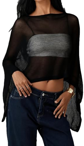 RUINIXCW Y2K Women's Off Shoulder Knit Cover Ups Batwing Sleeves Fringe Trim Hollow Out Pullover Tops Sexy Streetwear Poncho (C-Black, One Size)