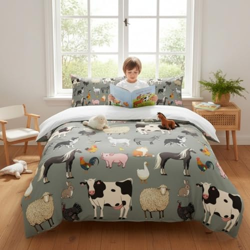 Homewish Farm Animal Duvet Cover Cot, Gray Bedding Set 1 Pillowcase | Cartoon Animal Themed Quilt Cover 2 Piece, Bed Sets for Kids Boys Girls, Cow Horse Farmhouse