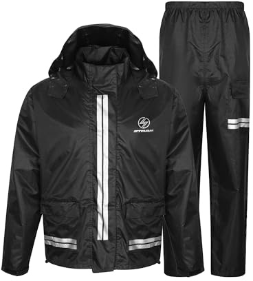 STORM Tuta Moto Impermeabile Antipioggia 2 Pezzi, Giacca Impermeabile e Pantaloni Tuta Abbinati, Colore Nero, Antivento con Cappuccio, Unisex Uomo Donna (Nero, X-Large)