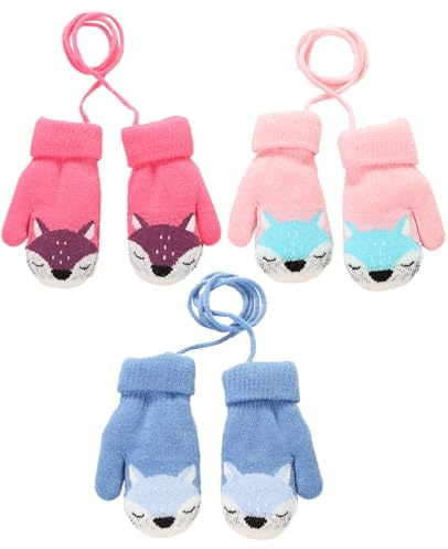 Benaewa 3 Pairs Toddler Mittens, Cute Knitted Baby Mittens with String for Girls, Boys Age 1-3 Years