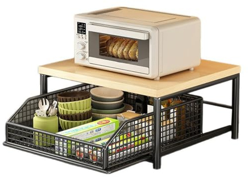 Wadakada Organizador de Encimera de Cocina Que Ahorra Espacio con Cajón y Cesta de Alambre - Estante Resistente de Madera para Cafetera. Negro.