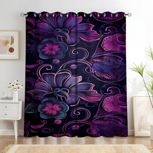YZQGLHP violetta blomgardiner, växtgardiner, mörkläggningsgardiner, ljudisoleringsgardin, för insynsskydd i vardagsrummet och sovrum, B 140 x H 260 cm (2-pack)