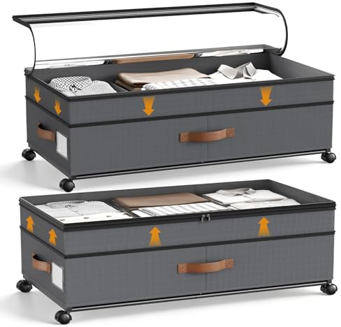 BugyKido 2 unidades de almacenamiento para debajo de la cama de 72 L, con ruedas de rotación de 360° y tapa de PVC, marco de metal, para ropa, zapatos, juguetes y mantas