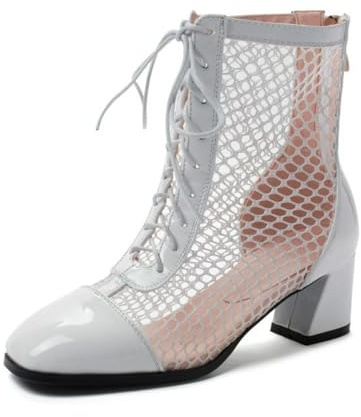 Genérico Botas Mujer Punta Cuadrada Tacón Bloque Malla Cordones Charol Cuero Botines Tobillo Rodilla Alta Botas Malla Transparente con Cierre Cremallera Trasera