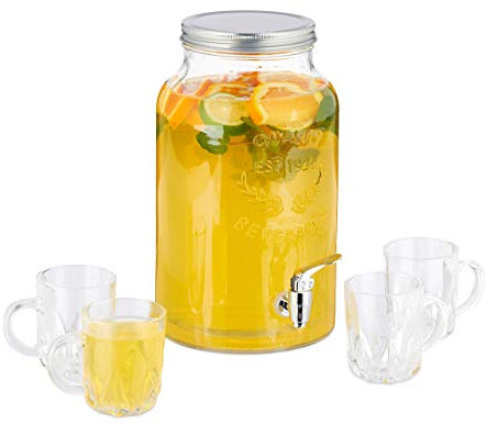 Relaxdays Dispenser per Bevande in Set, Distributore Acqua 5,5 L, 4 Bicchieri Retro Erogatore con Rubinetto, Trasparente, Ferro