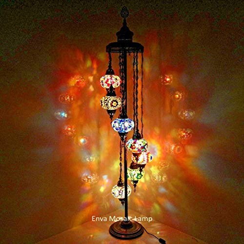 ENVA Lampada da terra in vetro turco marocchino, mosaico marocchino, realizzata a mano, in vetro, multicolore, lampada da terra Tiffany, 7 grandi globi, con lampadina a LED