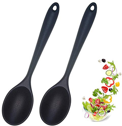 2 Pcs Silicone Nonstick Mixing Spoon, Silicone Spoons for Cooking Heat Resistant, Cooking Utensil for Kitchen Cooking Baking Stirring Serving (Black)