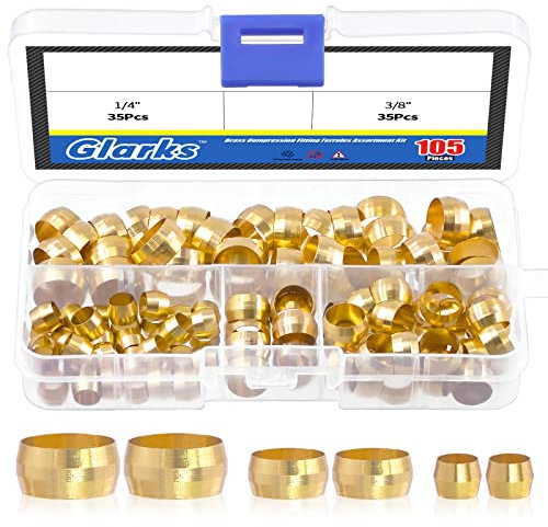 Glarks 105 casquillos de compresión de latón de 3 tamaños, kit surtido de accesorios de compresión de latón (3/8 pulgadas y 1/2 pulgadas y 1/4 pulgadas)