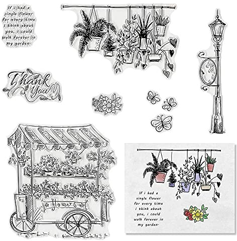 Fall Streetlight Flowers Clear Stamps for Card Making and Photo Album Decorations, Floral Butterfly Rubber Stamp Thanksgiving Words Stamps Seal for DIY Scrapbooking