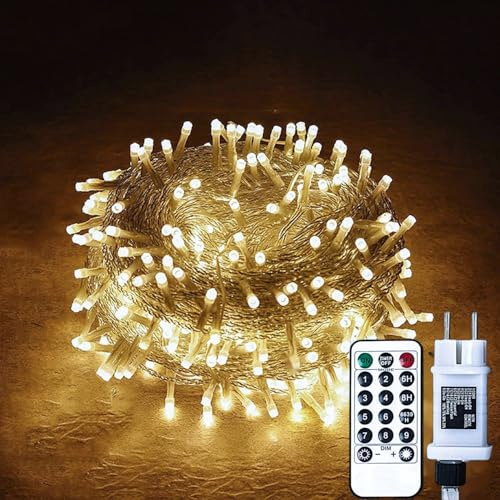 Gresonic LED-ljusslinga med 100/200/300/400 lysdioder, strömdriven med kontakt, för utomhus- och inomhusbruk, för trädgård, bröllop, jul, fest (Varmvit 8 lägen dimbar, 300 lysdioder)