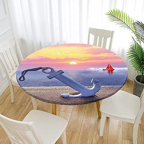 Morbuy Rund Tischdecke Elastisch, Anker Drucken Rund Tischdecken Wasserdicht Lotuseffekt Abwaschbar Abwischbar Tischtuch für Dekoration Küchentisch Garten Outdoor (Durchmesser 100cm,Sonnenuntergang)