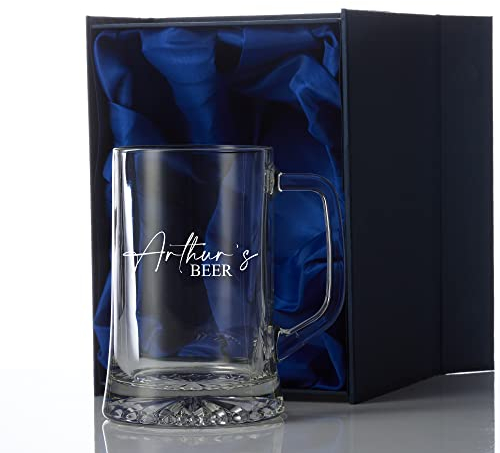 ukgiftstoreonline Personalised Named Beer Tankard Glass for Him in Silk Lined Gift Box